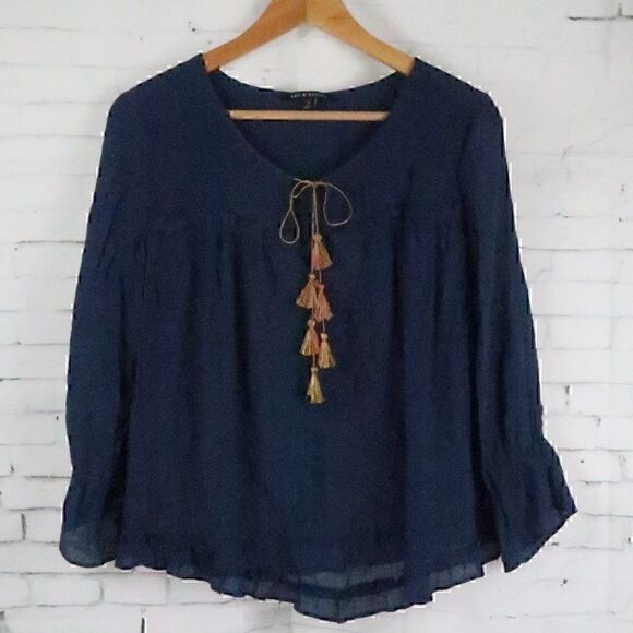 ZAC & RACHEL BLUE LONG SLEEVE ROUND NECK TOP WITH TASSEL DETAIL SIZE SMALL - Picture 1 of 9